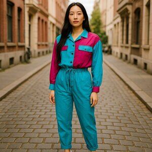 1990s Ideas Color Block Windbreaker Jumpsuit Teal Magenta Athletic One-Piece Med